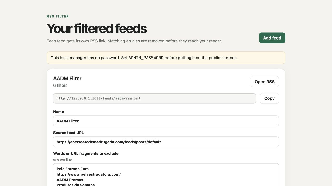 RSS Filter feed rules interface
